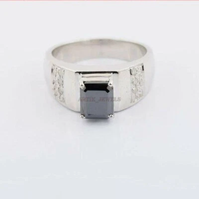 Natural Black Onyx Gemstone with 14K White Gold Plated Silver Ring for Men #1149 - Image 1 of 4