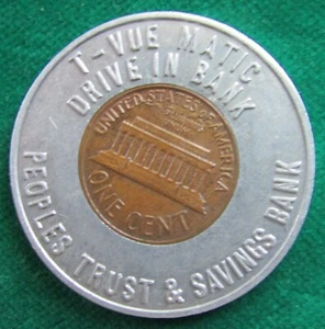 1963 penny token T-Vue Matic Drive In Bank encased cent People's Trust & Savings - Picture 1 of 2