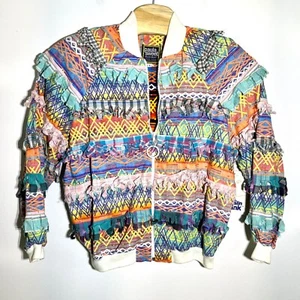 NEW Paula Sweet Muslin Mink Bomber Jacket Colorful Fringed Trim Unique Design L - Picture 1 of 7