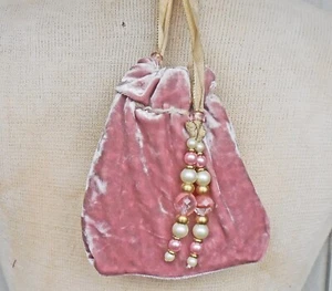 Reversible Salmon Pink Glitter Velvet, Ivory Satin Drawstring Bag Pouch Purse - Picture 1 of 7