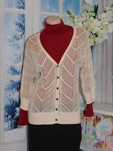 L ROXY open knit crochet style button front beige cardigan sweater, NWOT