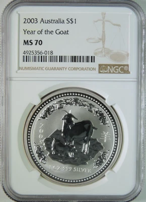 2003 Australia Lunar Year of the Goat 1oz .999 Silver $1 Coin NGC MS70 - Image 1 of 4