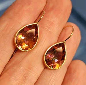 Pendientes de gancho colgantes de topacio fuego crepuscular lágrima oro amarillo macizo de 14K de ATI - Imagen 1 de 7