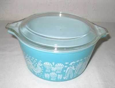 Vtg Pyrex 473 Turquoise Butterprint Amish 1 Qt Cinderella Casserole Dish 470 Lid - Image 1 of 4