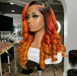 Ombre Ginger Orange 13x4 Lace Frontal Human Hair Brazilian Colored Wig 26 inch - Picture 1 of 7
