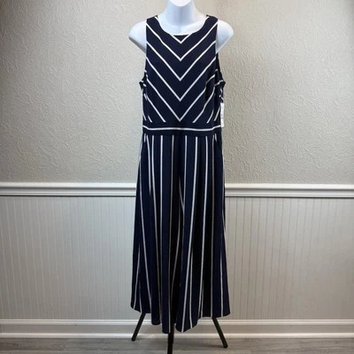 Mono Jessica Howard sin mangas pierna ancha azul marino blanco a rayas para mujer talla 12 Foto 1 de 4