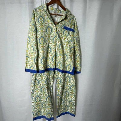 Conjunto de pijama BedHead algodão fino manga longa calça azul verde fita grande - Imagem 1 de 4