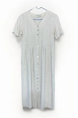 Vestido Vintage Orvis Mezcla Lino Beige Botón Delantero Lagenlook Talla P4 Foto 1 de 4