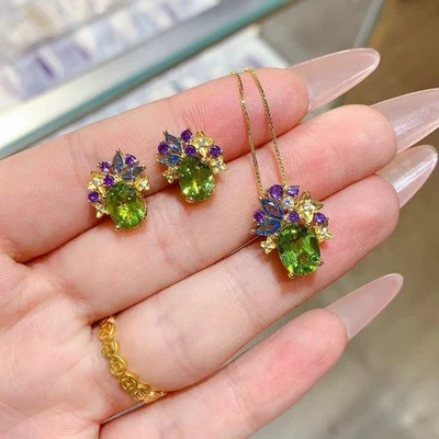 Conjunto de joyería de peridoto natural en forma de lágrima collar pendiente de plata de ley 925 Foto 1 de 4