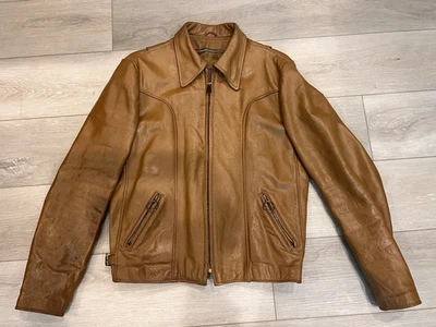 Jaqueta de motocicleta de couro marrom vintage década de 1970 com zíper 38" peito - Imagem 1 de 4