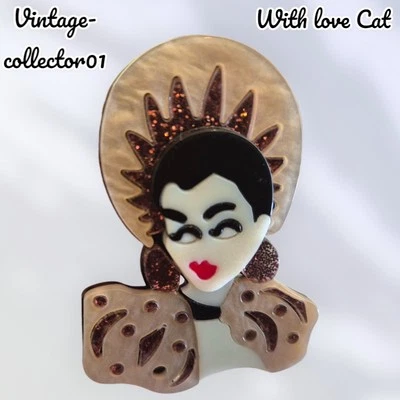 Modern Vintage Style Handmade BROOCH 3D Art Deco Lady Gold Big Hat Earrings Xmas - Image 1 of 4