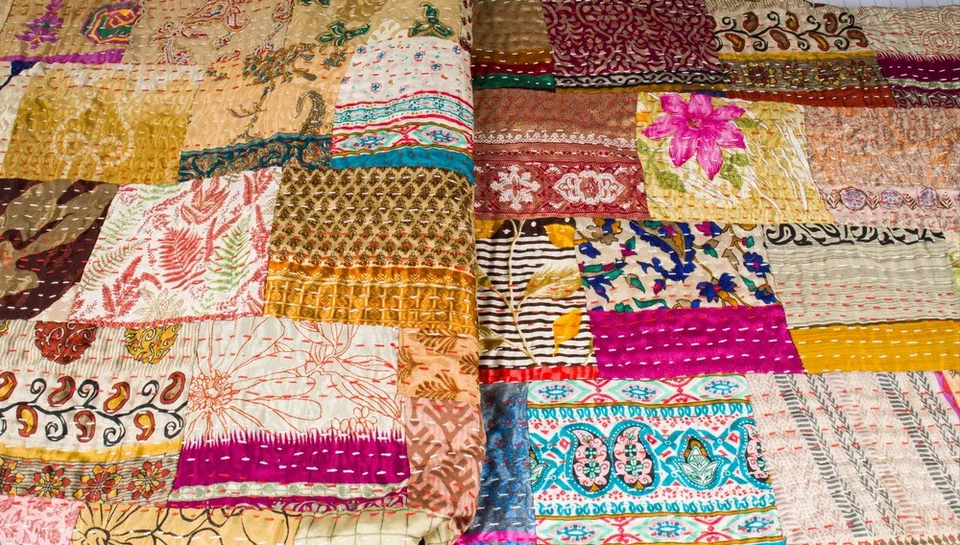 2 PC INDIAN VINTAGE COTTON KANTHA CURTAIN DRAPE WINDOW DECOR HEAVY DOOR CURTAIN - Image 1 of 1