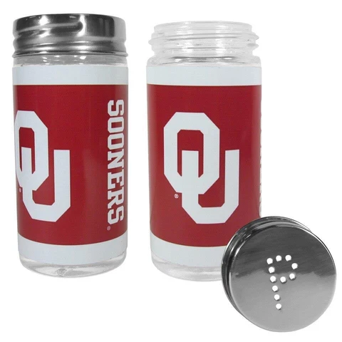Oklahoma Sooners Glass Salt and Pepper Shakers [NEW] NCAA Cook Tailgate Kitchen Cover