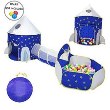 LOJETON 3pc Rocket Ship Kids Play Tent, Tunnel & Ball Pit with Basketball Hoop f