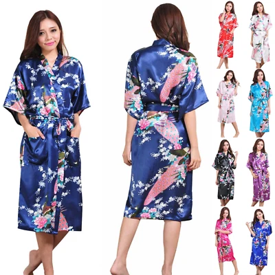 Womens Kimono Robe Peacock Dressing Gown Blossoms Nightwear Long Bride Sleepwear - Image 1 of 4