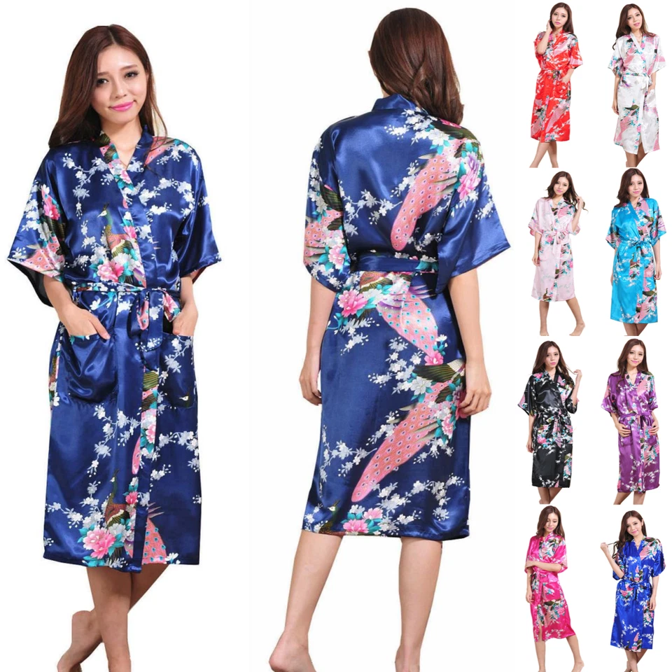 Womens Kimono Robe Peacock Dressing Gown Blossoms Nightwear Long Bride Sleepwear - Image 1 of 4