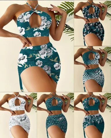 Philadelphia Eagles Womens 2Pcs Cutout Swimsuit Criss Cross Halter Bikini Set Cover