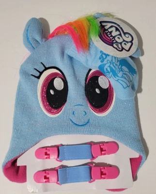 Toddler Girls My Little Pony Brand Blue Sparkle Face Hat Mittens & Clips Size 2T - Image 1 of 4