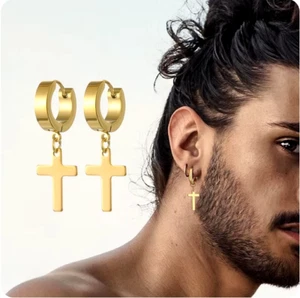 Pendientes Cruz Oro Aro Colgante Huggie Acero Inoxidable para Hombre y Mujer. - Imagen 1 de 7