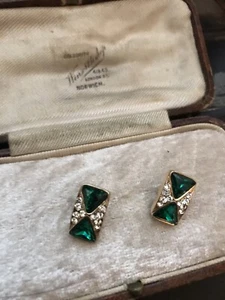 Vintage Emerald & Clear Crystal Triangle Pierced Earrings - Picture 1 of 4
