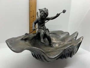 Antik Jugendstil Silber Metall Skulptur Putti Cherub Muschel Diener Nachlass - Bild 1 von 12