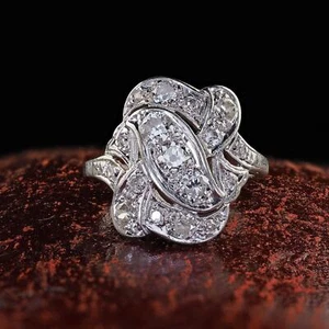 Antique Art Deco Platinum Old European Cut Diamond Cocktail Shield Ring - Picture 1 of 9