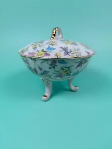 Lilac Chintz by LEFTON 3 Footed Candy Dish With Lid KF131 8 Inch Vintage - Picture 1 of 12