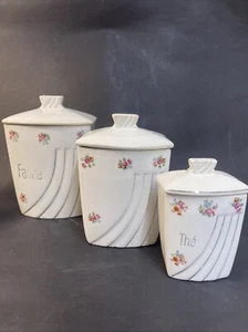 Vintage Set 3 French ART DECO Lidded Porcelain Storage Jars Farine Cafe The - Picture 1 of 6
