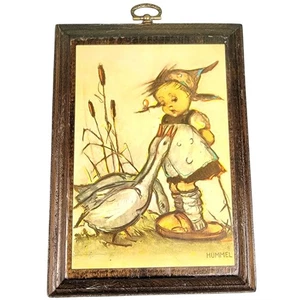 Targa da appendere a parete vintage anni 40 stampa Hummel su legno bambina oca decorazione casa - Foto 1 di 12