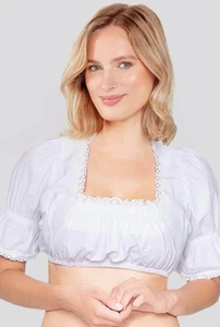 DIRNDL Blouse Crop Top Alpine Flower White Oktoberfest Puff Sleeves Sz 32 XXS XS - Bild 1 von 10