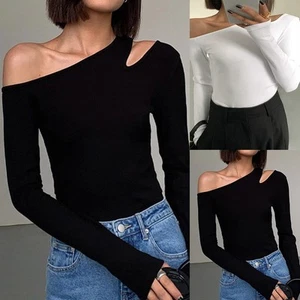 Women Casual Off Shoulder Slim Long Sleeve T Shirts in Black and White - Picture 1 of 20