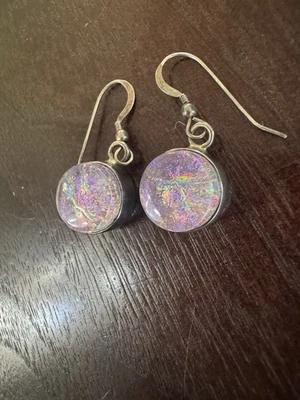 纯银吊坠耳环,带二色玻璃镶嵌。 — 第 1/3 张图片