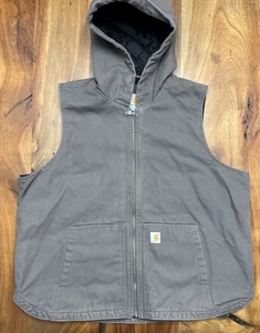 Carhartt Mens Hooded Vest XXL (20) Grey Duck Canvas Lined Full Zip Thinsulate - Picture 1 of 16