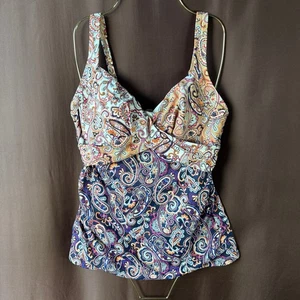 Lands' End Damen 8 Schwimmen Tankini Oberteil Bügel Wickeloptik V-Ausschnitt Paisley Bauchkontrolle - Bild 1 von 7