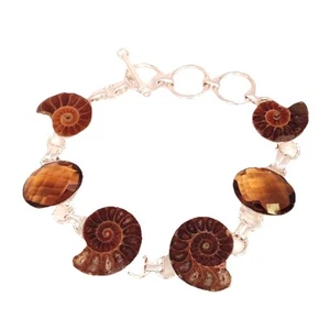 Fossil 925 Sterling Silber Armband Knebel verstellbar Ovalschliff Quarz & Ammonit - Bild 1 von 6
