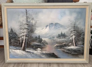 Original Winter Mountains Landscape Oil Painting VTG Signed H.Wilson 24x36 - Picture 1 of 14