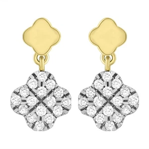 14ct Yellow Gold Diamond Clover Drop Cluster Stud Earrings 0.21ct - Picture 1 of 7