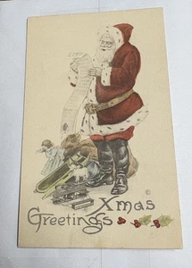 Antike Postkarte Afroamerikanischer Weihnachtsmann Spielzeug Liste nicht gesendet Weihnachtsgrüße - Bild 1 von 5