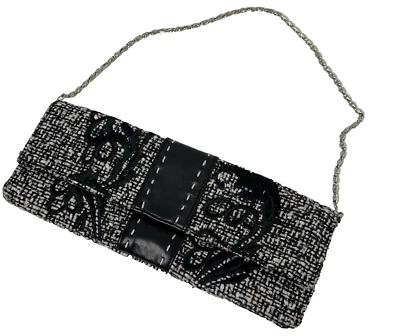 De colección Y2K Lord & Taylor Bolso sin asas Noche Cadena Tweed Negro Blanco Capricho Foto 1 de 4