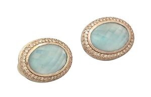 David Yurman Blue Topaz Diamond Oval Sterling Silver Earrings 18k 1.50ct #32479B