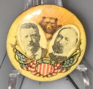 Spilla bottone politico Theodore Roosevelt & Charles Fairbanks orso californiano - Foto 1 di 5