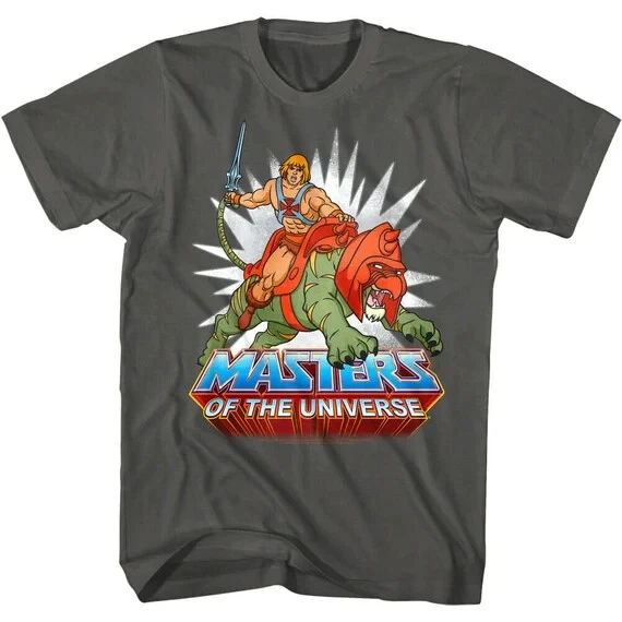HE-MAN w/BATTLE CAT T-SHIRT Retro 80's Cartoon MOTU American Classics Gray NEW - Image 1 of 1