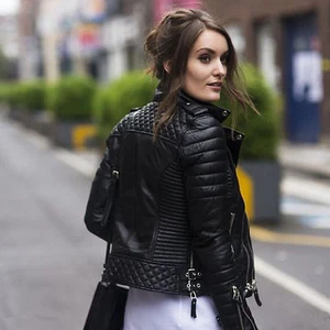 Black Women's Slim Fit Biker Diamond Quilted Kay Michaels Real Leather Jacket - Picture 1 of 9