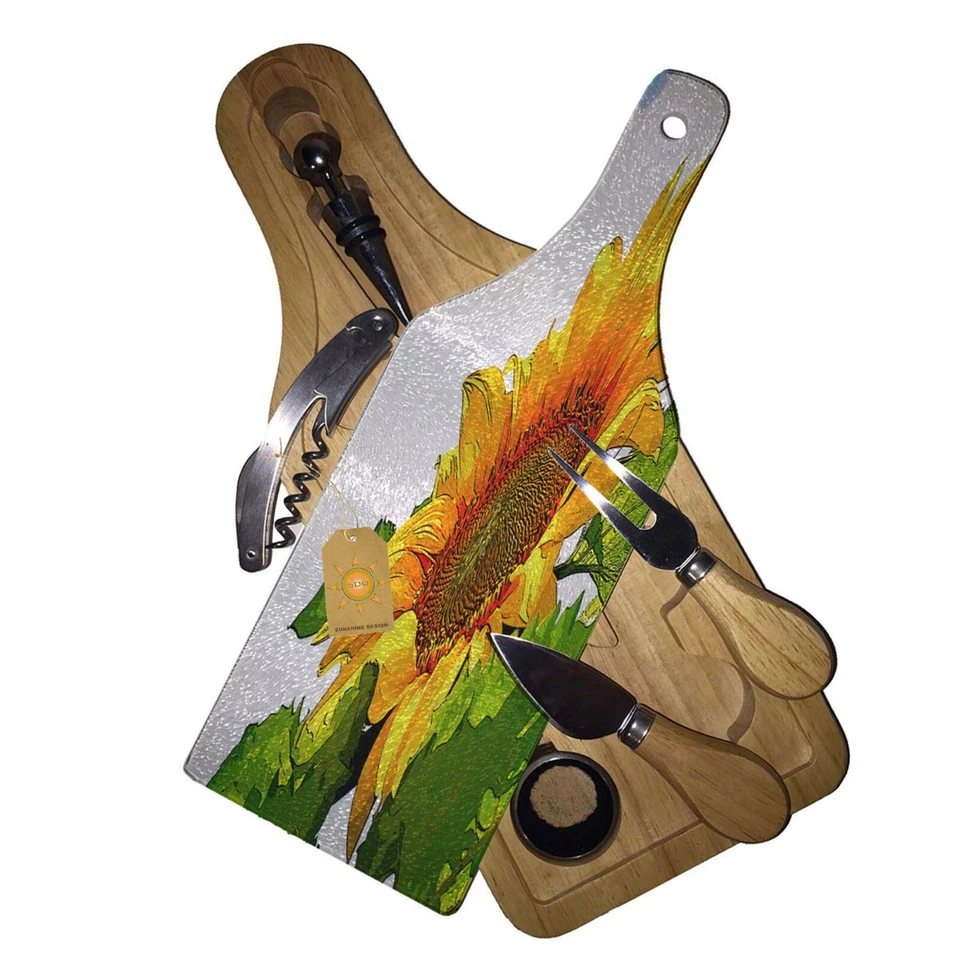 Wine & Cheese Glass Cutting Board Gift Set - Sunflower Blue Sky - Image 1 of 1