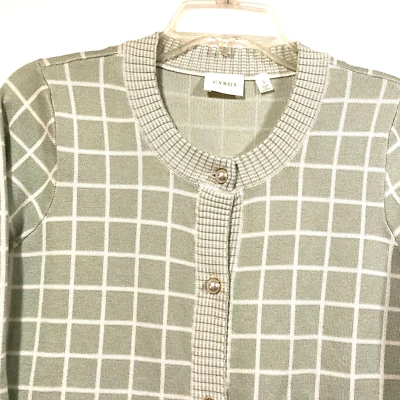 Cyrus Cardigan Sweater Women’s  S  Green Check Faux Pearl Buttons Rayon/Nylon - Image 1 of 4