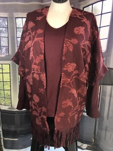 Chicos S/M NWT Chenille Floral JACQUARD RUANA Red Wrap Textured Fringe 🧡🧡 - Picture 1 of 9