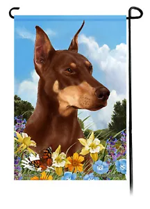 Sommerblumen Garten Flagge - abgeschnitten rot und hellbraun Dobermann Pinscher - Bild 1 von 1
