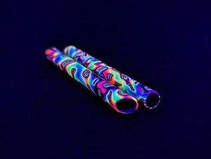 UV Portable Travel Straw, Brass Tube with Neon Rainbow Psychedelic Pattern. - Picture 1 of 7