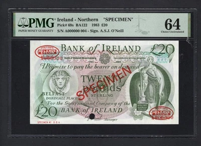 Irlanda del Norte 20 Libras 1983 P69s "Especimen N004" UNC Grado 64 Top Pop Foto 1 de 2