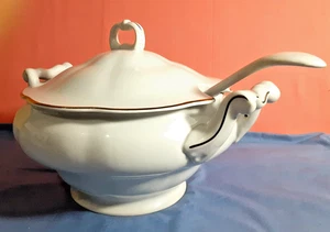 Vintage Faviolina Soup Tureen *Made in Poland* Lg White w/ Gold Band & Ladle - Picture 1 of 12